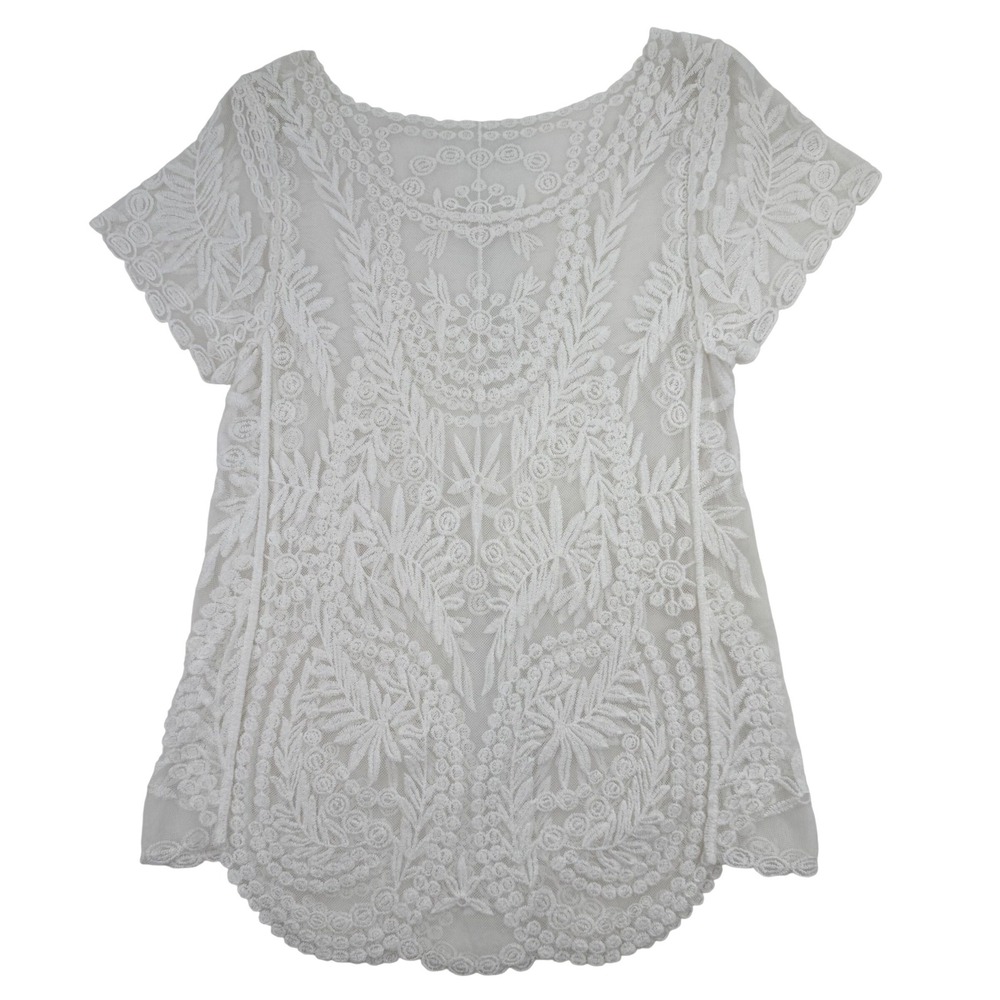 Vintage Handmade White Floral Lace‎ Top Sheer Embroidered Boho Mini Dress